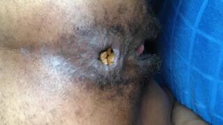 Black hairy pussy letting out fat monster turd