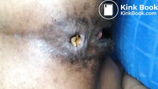 Black hairy pussy letting out fat monster turd