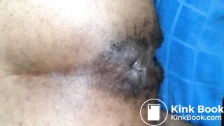 Black hairy pussy letting out fat monster turd