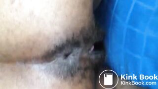 Black hairy pussy letting out fat monster turd