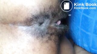 Black hairy pussy letting out fat monster turd