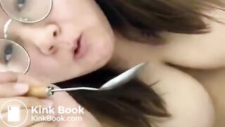 Asian BBW eats shit with a spoon