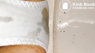 A NEW AND CLEAN JAPAN LIGHT BLUE STRIPE PANTY IS BEING POOP AND PEE - 2