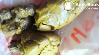 Girl poops on a plastic bag