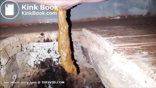 girl is pooping on outdoor toilet