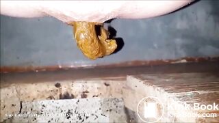 girl is pooping on outdoor toilet