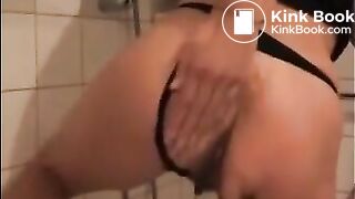 Dirty girl shitting and masturbating with shitty dildo