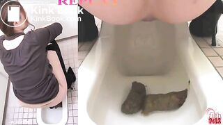 Pretty secretatary pooping big logs in a public toilet