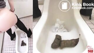 Pretty secretatary pooping big logs in a public toilet