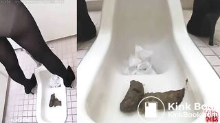 Pretty secretatary pooping big logs in a public toilet