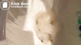 Blonde drops very fat turd in the toilet