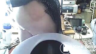 Granny shits on a portable toilet.