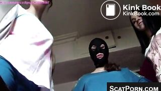 Beautiful Babes Take Turns Feeding The Slave Toilet