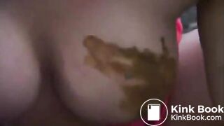 Shaved babe shitting