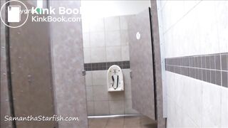 Chubby woman shitting at a public store