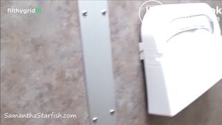 Chubby woman shitting at a public store