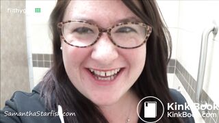 Chubby woman shitting at a public store