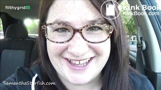 Chubby woman shitting at a public store