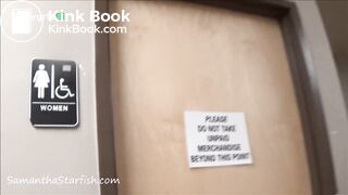 Chubby woman shitting at a public store