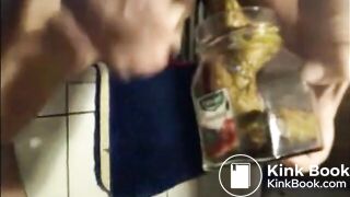 Big lady shitting in a jar