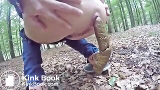 Girl pooping at woods