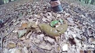 Girl pooping at woods