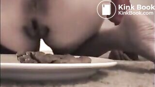Woman shit big turd on a white plate