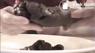 Woman shit big turd on a white plate