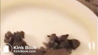 Woman shit big turd on a white plate