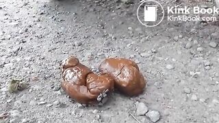 girl in blue dress with flowers pooping