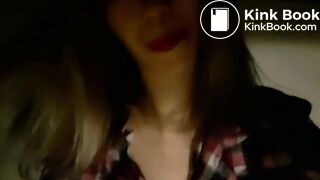 Pigtailed girl smears her face and brushes her teeth with shit