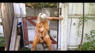 Blonde pooping and smearing outdoor