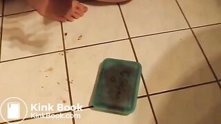 Blonde teen pooping a big load on the bathroom floor