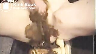 She shits out anal dildo then stuffs her pussy
