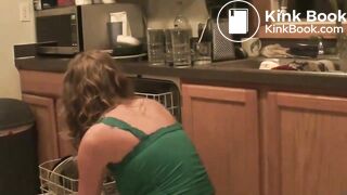 girl mess diaper in kitchen