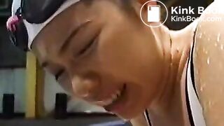 Asian girl poops her swimsuit.