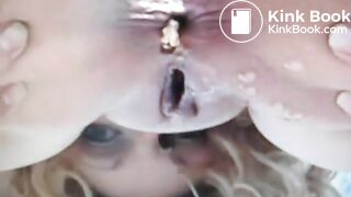 Blonde lady pooping outdoors in close up