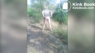 Girl poop in forest.