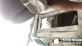 Hot girl with tattoo on back shits outside