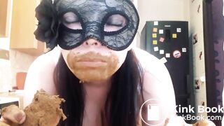 Masked teen eats poop in the kitchen