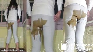 Asian girl messy diarrhea in White Pants