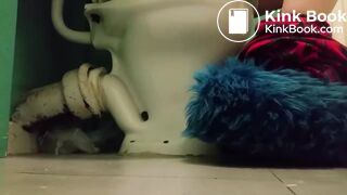 Girl with fluffy slippers pooping on the toilet