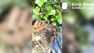 Dropping a big pile in her neighbour's garden.