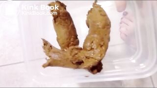 Nice woman pooping into container