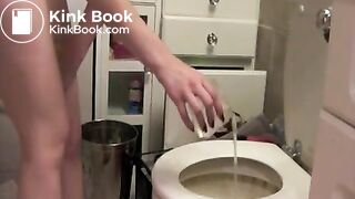 girl pooping into glass