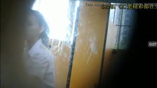 cute Chinese lady pooping and cleaning the toilet