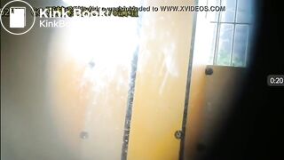 cute Chinese lady pooping and cleaning the toilet