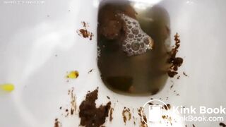 Blonde girl shit and chokes toilet.