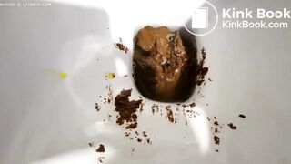 Blonde girl shit and chokes toilet.