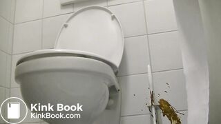 Girl diarrhea on floor of gas station toilet